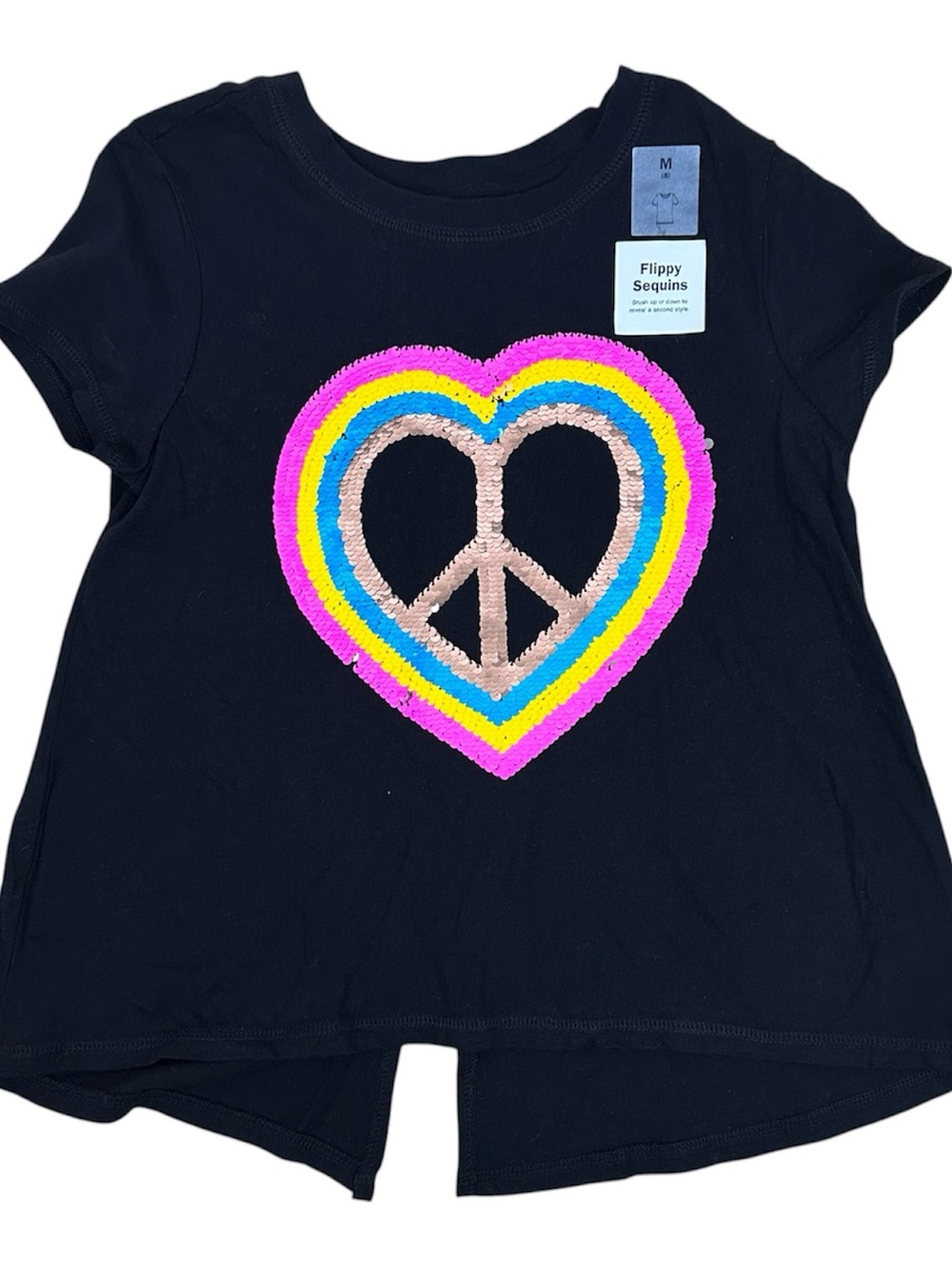 Old Navy Black Short-Sleeve Tee with Rainbow Sequin Heart Peace